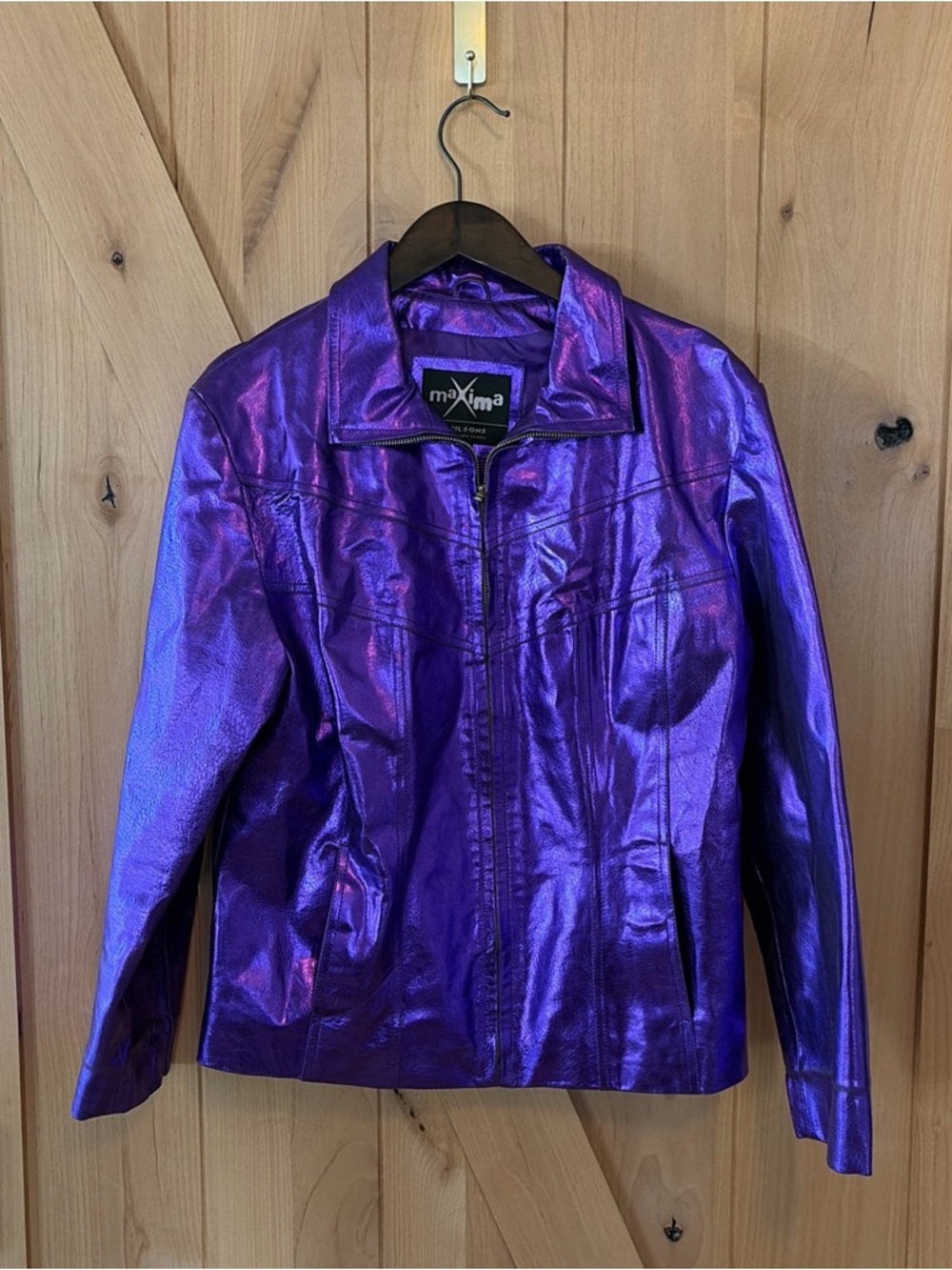 Maxima Wilsons VTG Women L Purple Metallic Leather Jacket Festival Rare